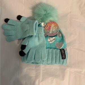 Justice Aqua and Silver Kids Hat and Gloves Set